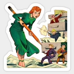 Beautiful Giant Redheaded Woman Brenda Starr Pencil Guns Mobsters Papers Green Dress Retro Comic Vintage Cartoon Book Sticker